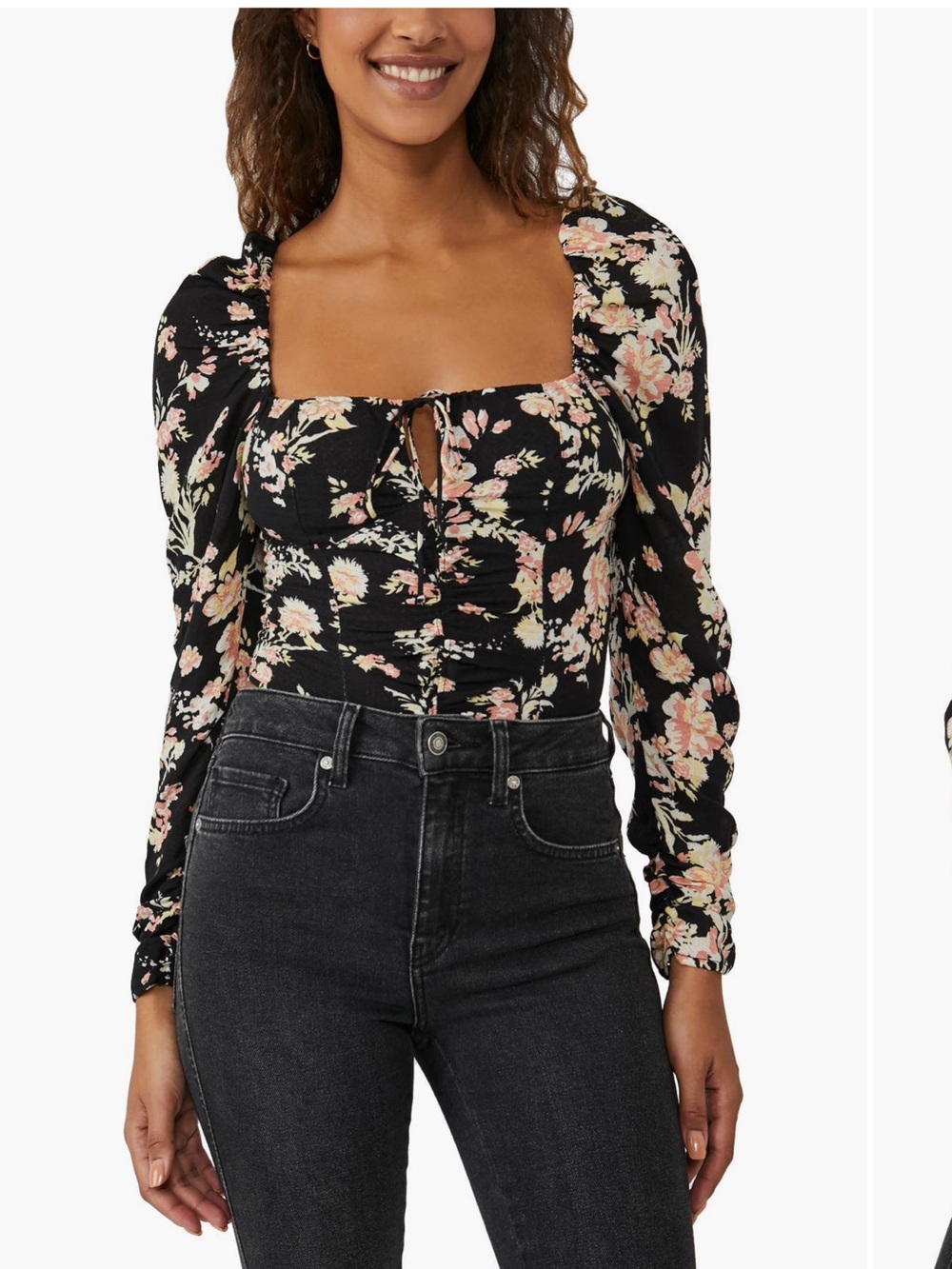 Floral Square-Neck Long Sleeve Top in Black